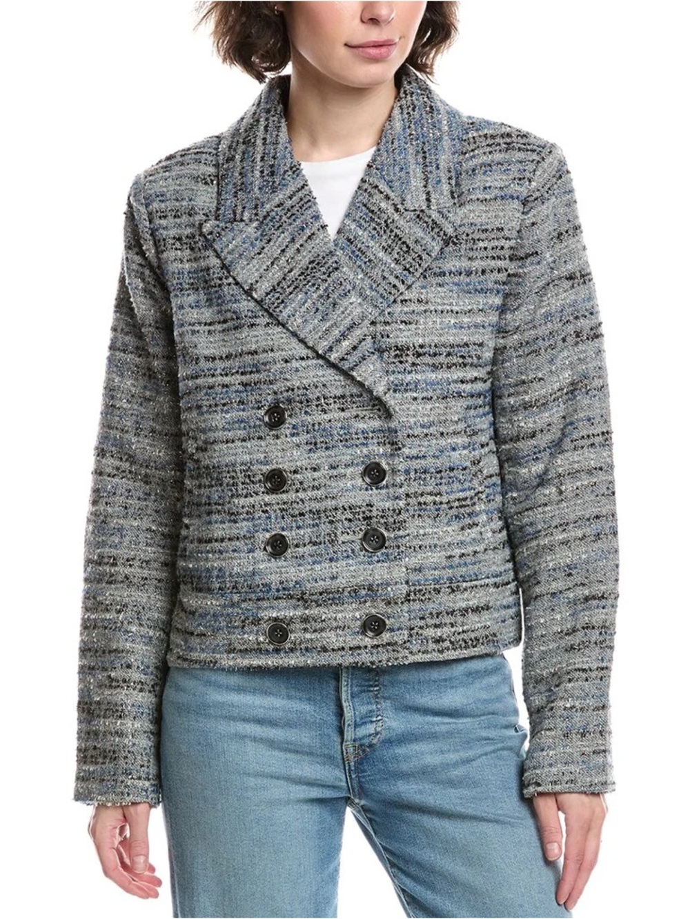 CAbi Radiance Blue and Gray Tweed Double-Breasted Cropped Blazer Sz M